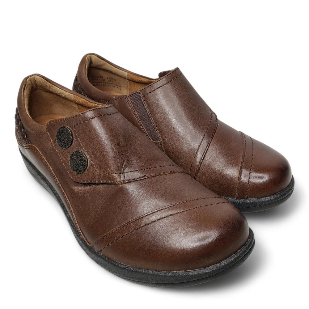 Aetrex Karina Leather Loafers Women's Monk Strap Engraved Button Brown Shoe 7